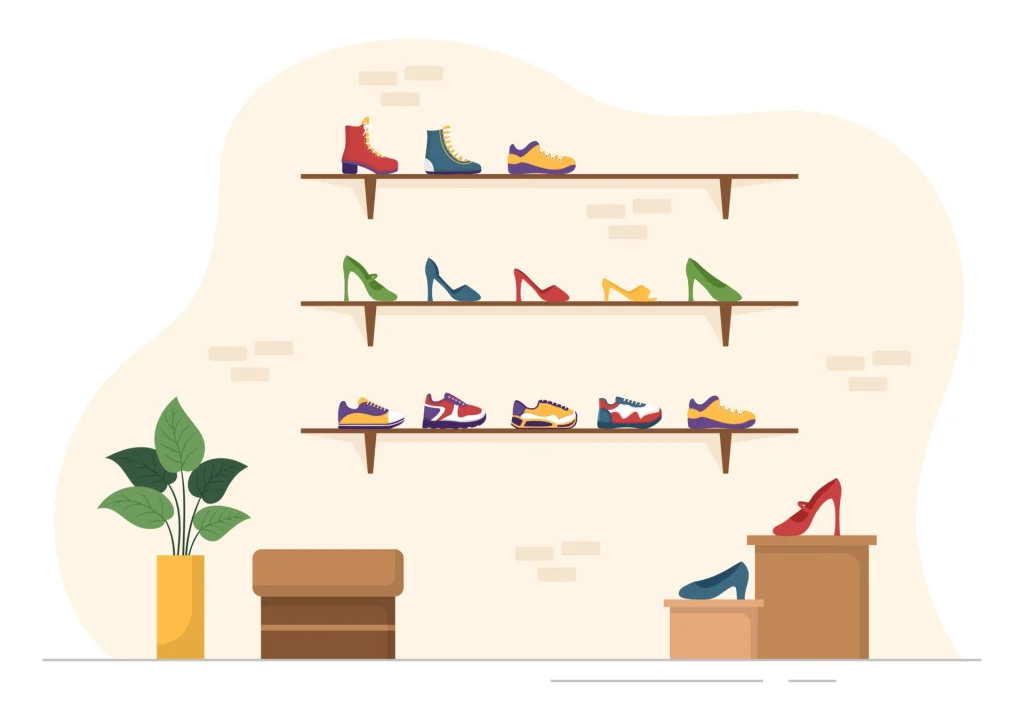 shoe store with new collection men or women various models or colors of sneakers and high heels in flat cartoon hand drawn templates illustration vector